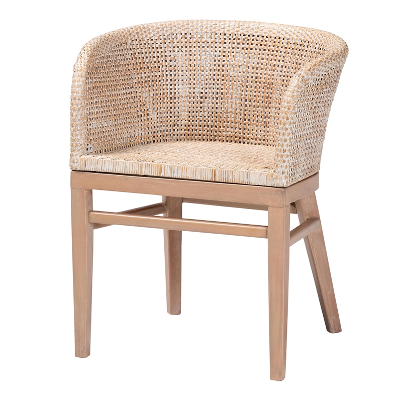 Pemberly Row Antique White Washed Rattan and Mahogany Wood Dining Chair