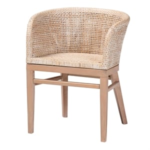 Pemberly Row Antique White Washed Rattan and Mahogany Wood Dining Chair