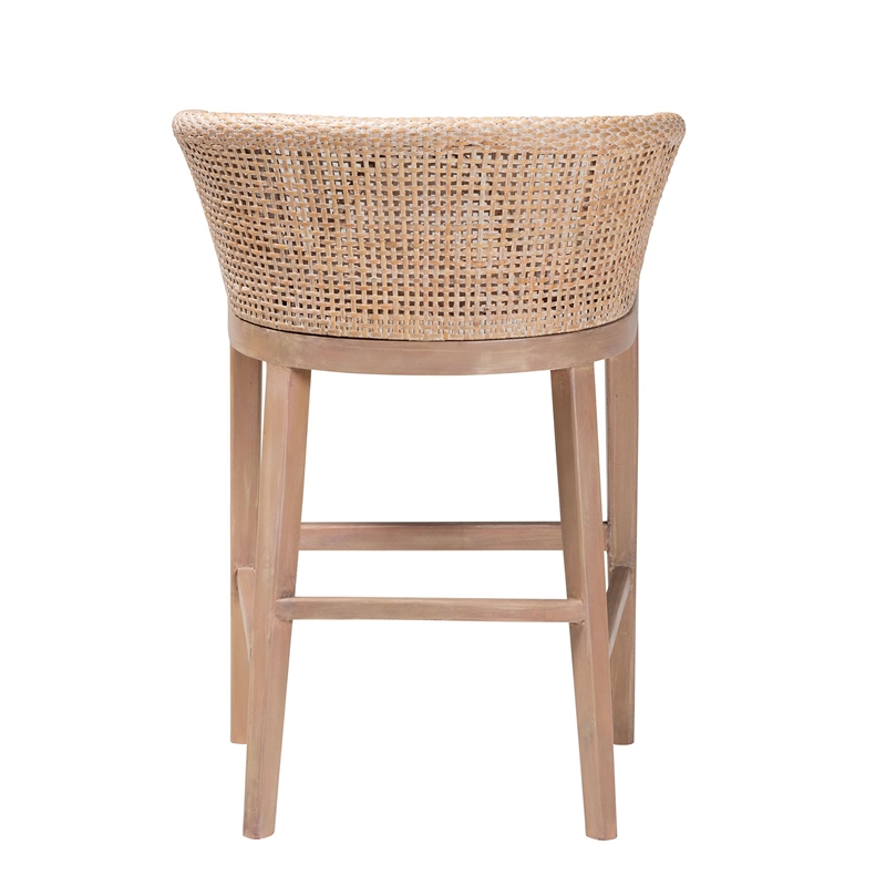 Pemberly Row Antique White Washed Rattan and Mahogany Wood Counter Stool