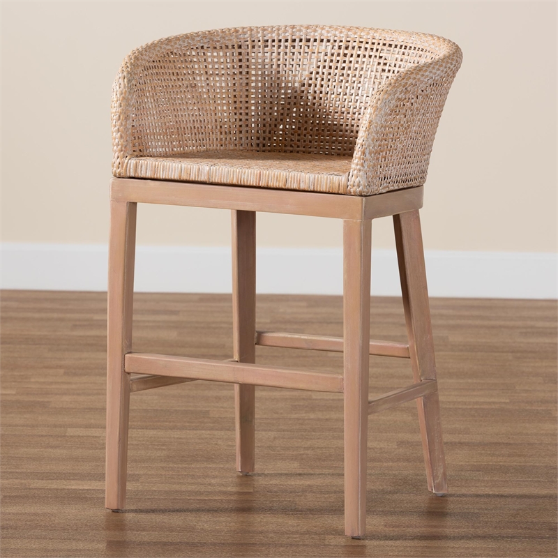 Pemberly Row Antique White Washed Rattan and Mahogany Wood Counter Stool