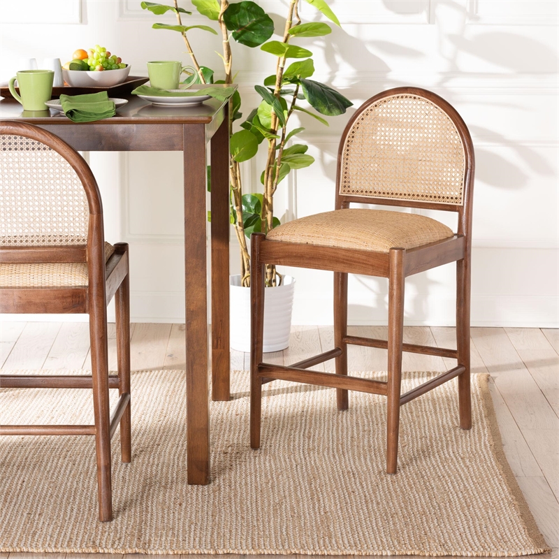 Pemberly Row Natural Rattan and Acacia Wood Counter Stool with Footrest