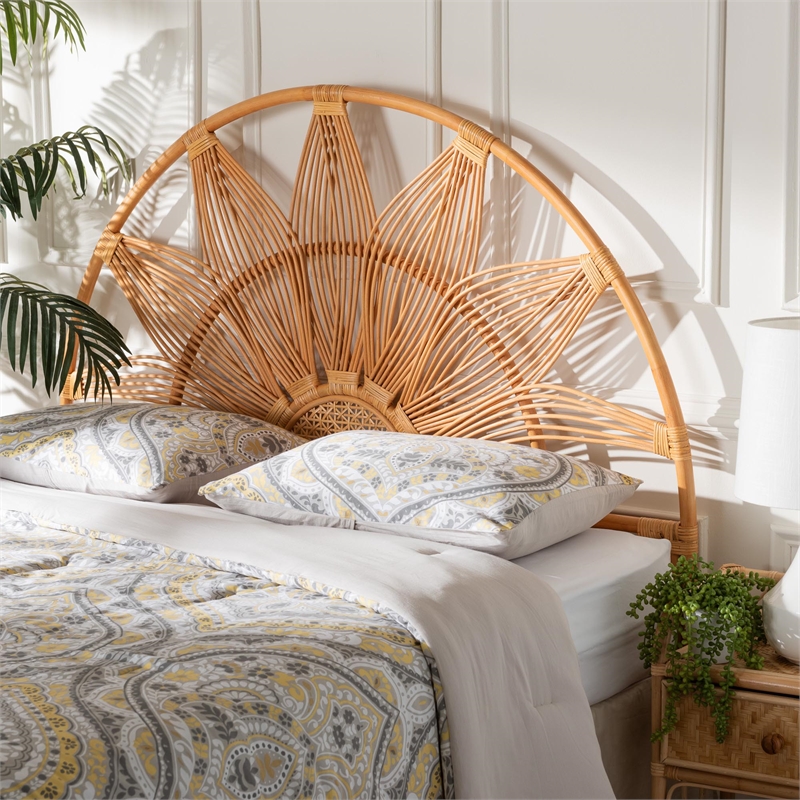 Pemberly Row Natural Rattan Queen Standalone Headboard with Floral Design