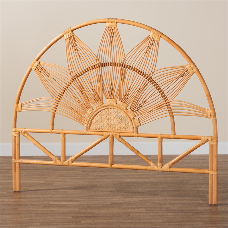 Pemberly Row Natural Rattan Queen Standalone Headboard with Floral Design