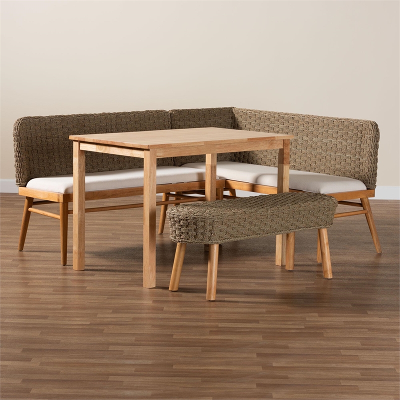 Pemberly Row Natural Seagrass and Acacia Wood 4-Piece Dining Nook Set