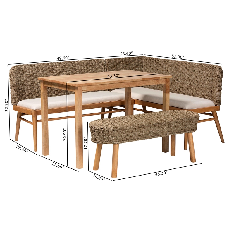 Pemberly Row Natural Seagrass and Acacia Wood 4-Piece Dining Nook Set