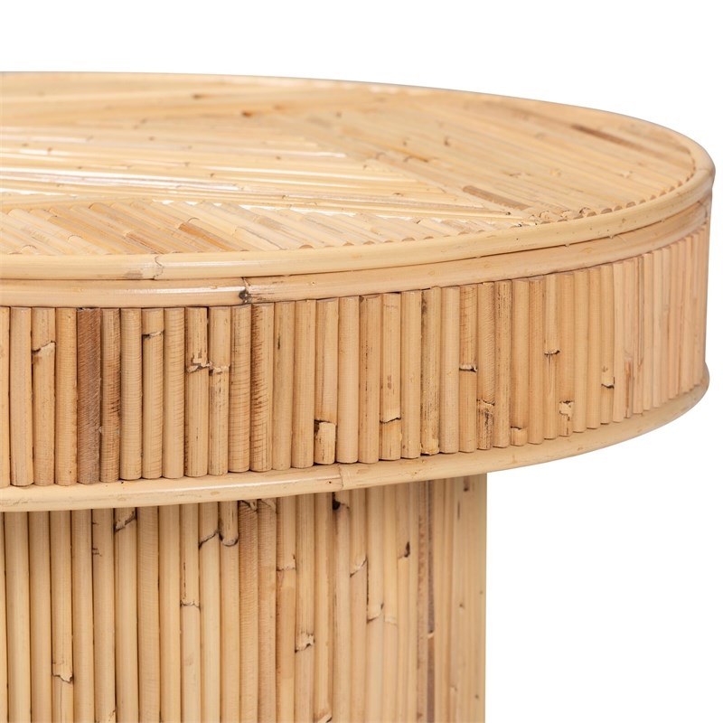 Pemberly Row Natural Rattan Round End Table with Pillar Base