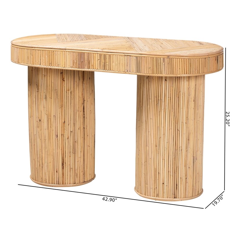 Pemberly Row Natural Rattan Oval Console Table with Dual-Pillar Base