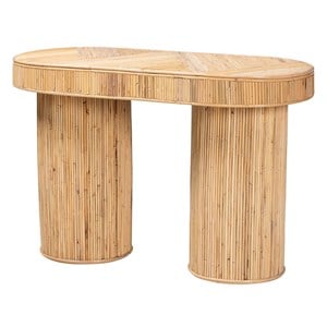 Pemberly Row Natural Rattan Oval Console Table with Dual-Pillar Base
