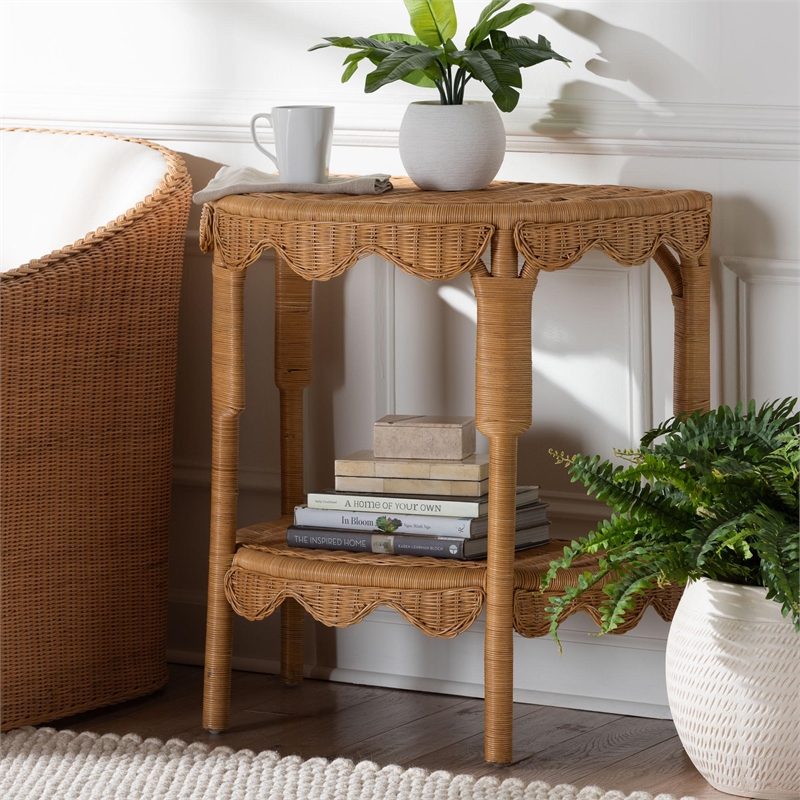 Pemberly Row Light Honey Rattan Half-Moon Console Table with Shelf