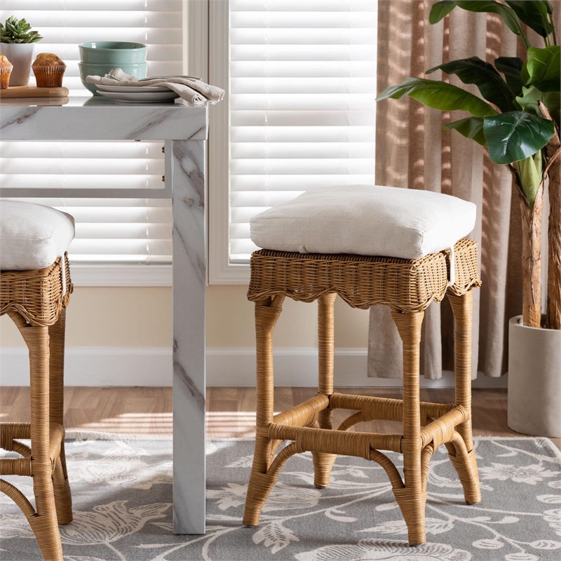 Pemberly Row Honey Rattan Scalloped Counter Stool with Cushion and Footrest
