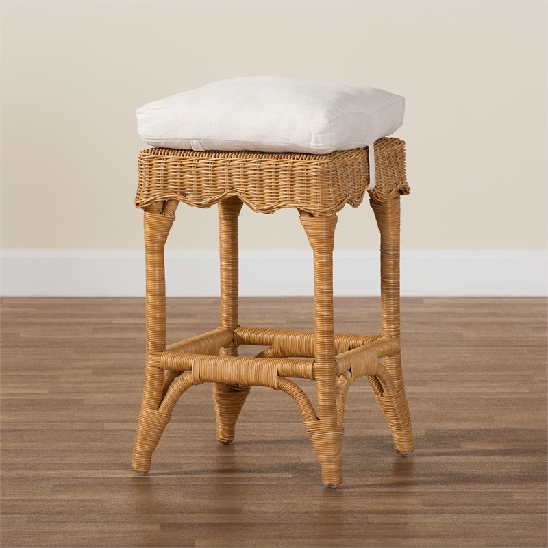 Pemberly Row Honey Rattan Scalloped Counter Stool with Cushion and Footrest