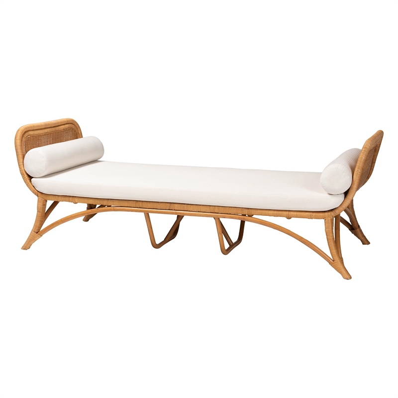 Pemberly Row Light Honey Rattan Daybed with Cushion and 2 Pillows
