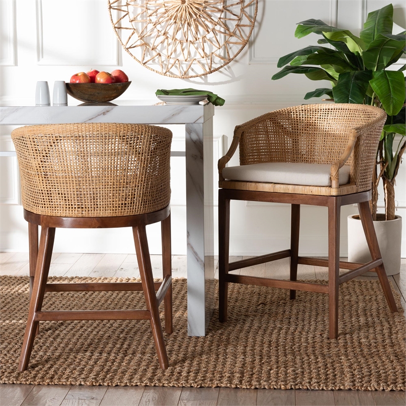 Pemberly Row Light Honey Rattan and Wood 2-Piece Counter Stool Set