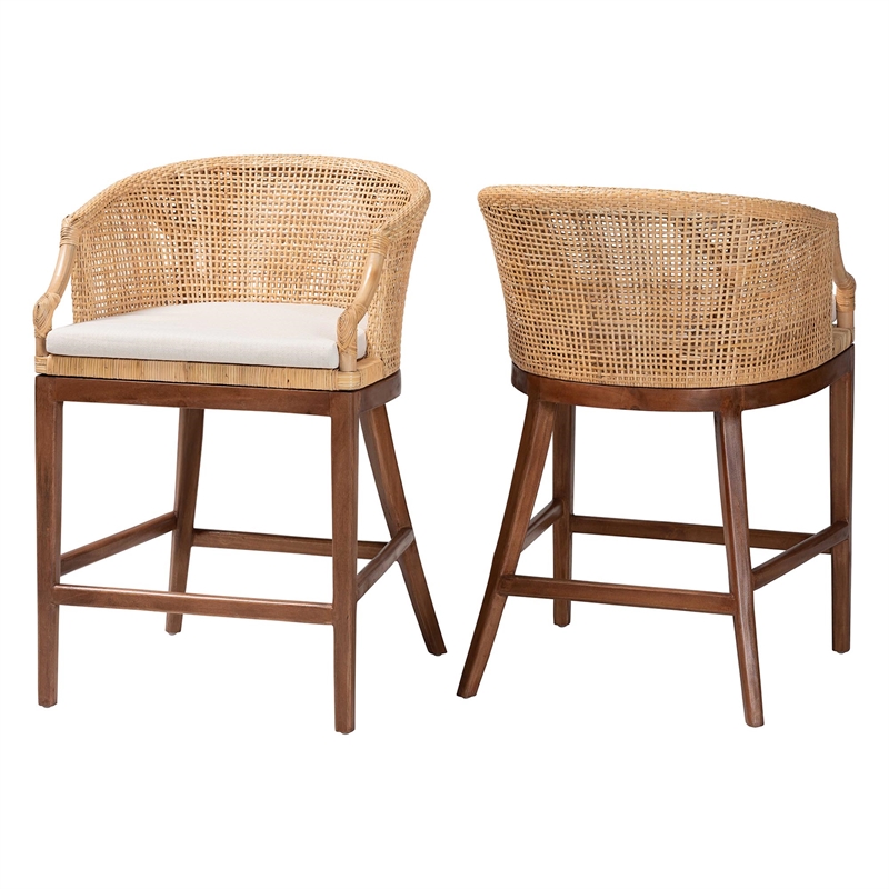 Pemberly Row Light Honey Rattan and Wood 2-Piece Counter Stool Set