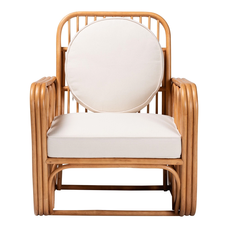 Pemberly Row Light Honey Rattan Openwork Arm Chair with Cushions