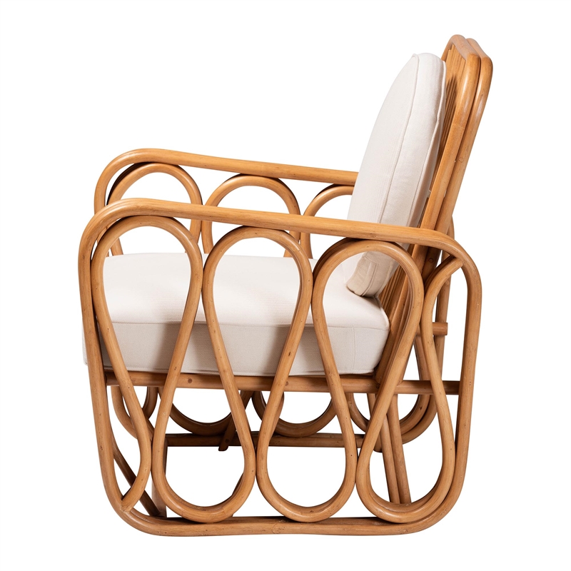 Pemberly Row Light Honey Rattan Openwork Arm Chair with Cushions
