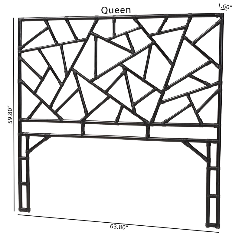 Pemberly Row Black Rattan Queen Standalone Headboard with Geometric Panel