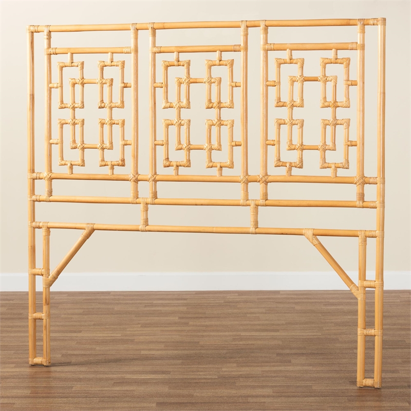 Pemberly Row Natural Rattan Queen Standalone Headboard with Chippendale Design