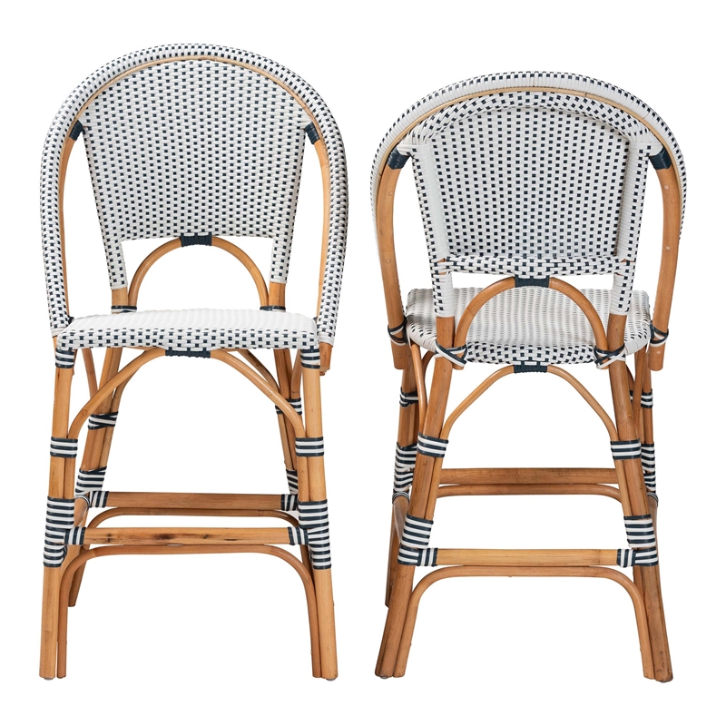 Pemberly Row Navy and White Woven Rattan 2-Piece Counter Stool Set