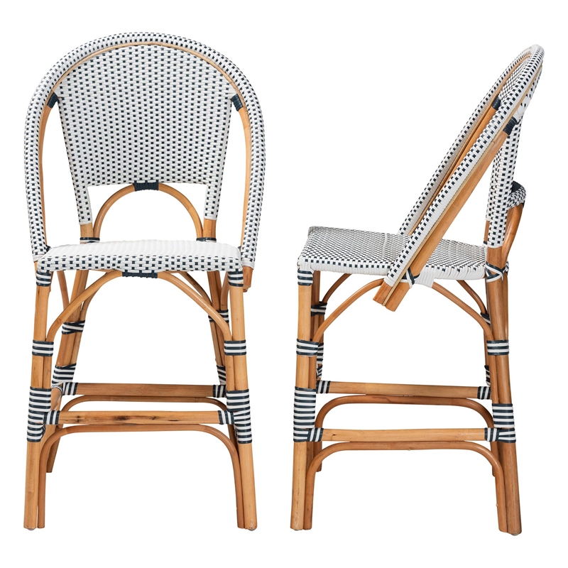 Pemberly Row Navy and White Woven Rattan 2-Piece Counter Stool Set