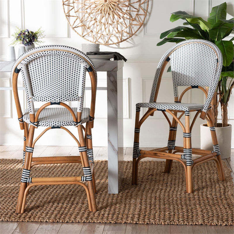 Pemberly Row Navy and White Woven Rattan 2-Piece Counter Stool Set