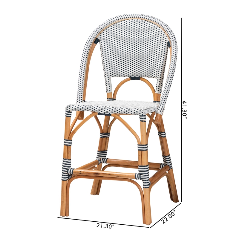 Pemberly Row Navy and White Woven Rattan 2-Piece Counter Stool Set