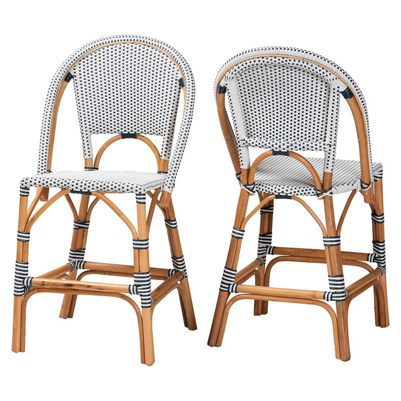 Pemberly Row Navy and White Woven Rattan 2-Piece Counter Stool Set