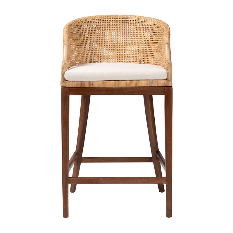 Pemberly Row Light Honey Rattan and Acacia Wood Bar Stool with Cushion