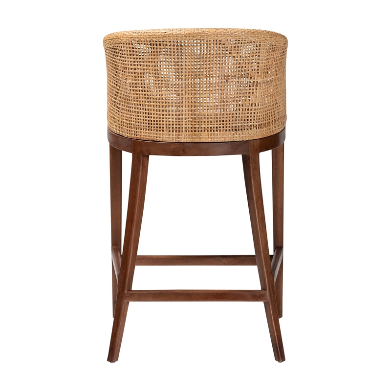 Pemberly Row Light Honey Rattan and Acacia Wood Bar Stool with Cushion