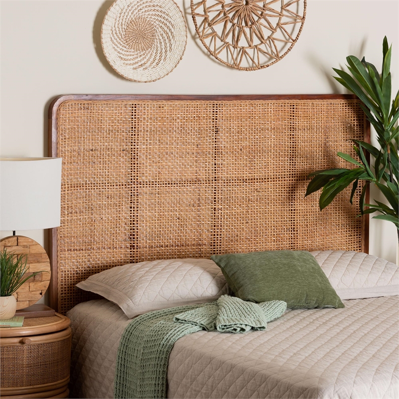 Pemberly Row Natural Rattan and Mahogany Wood Queen Headboard with Rounded Panel