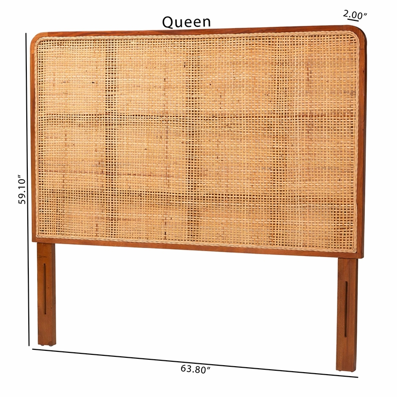 Pemberly Row Natural Rattan and Mahogany Wood Queen Headboard with Rounded Panel