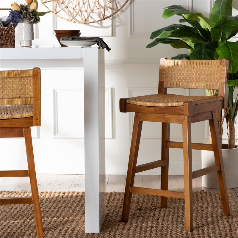 Pemberly Row Seagrass and Mahogany Wood Bar Stool with Low Back
