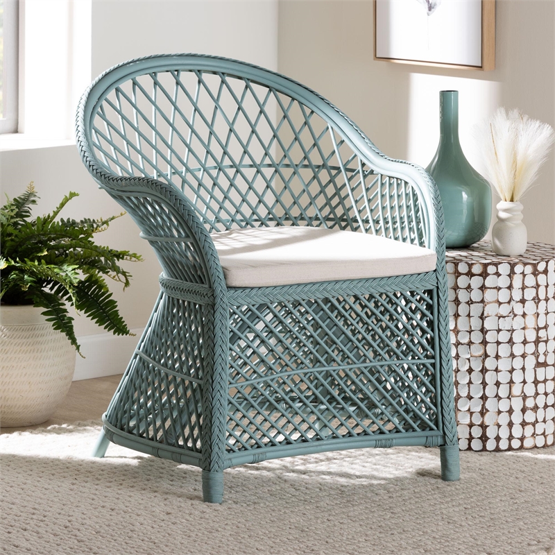 Pemberly Row Light Blue Braided Rattan Arm Chair with Lattice Frame