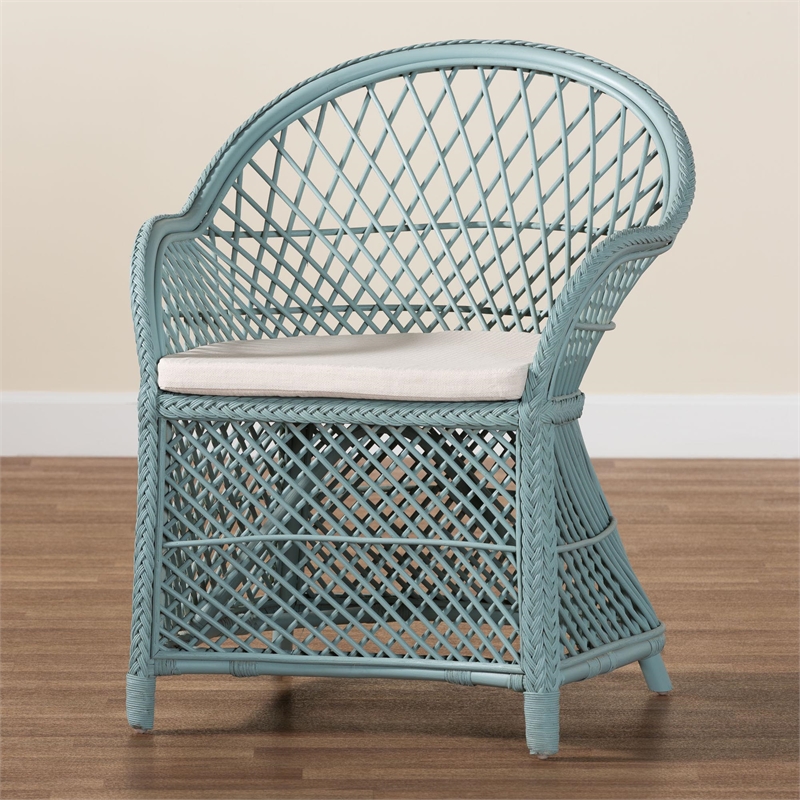 Pemberly Row Light Blue Braided Rattan Arm Chair with Lattice Frame