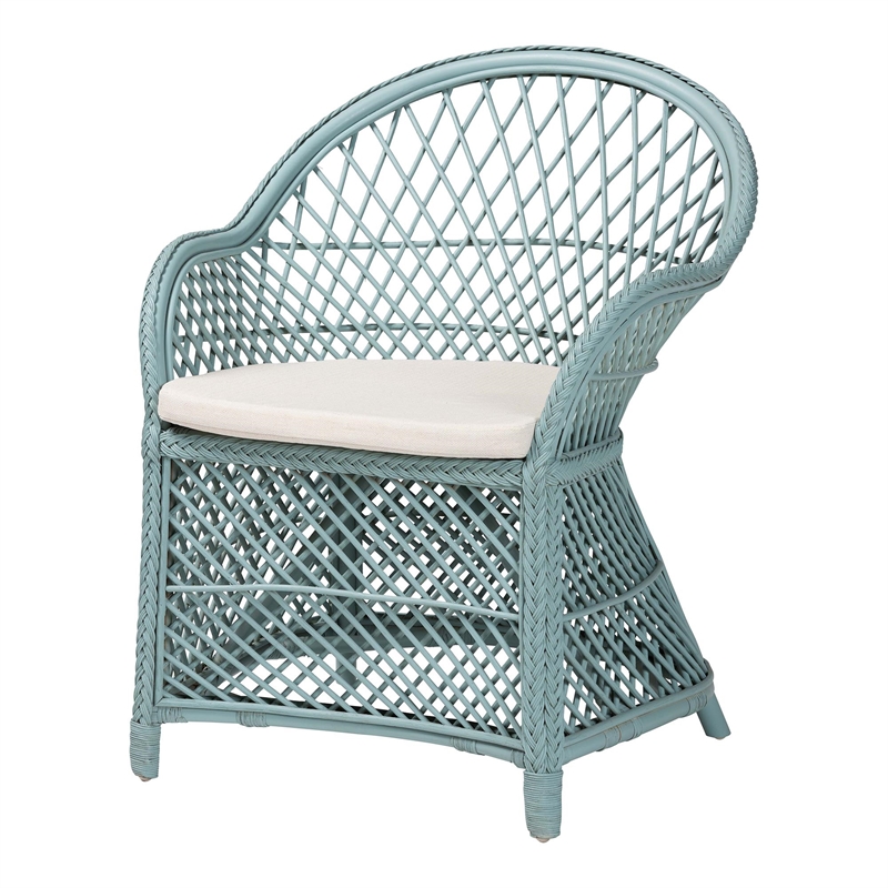 Pemberly Row Light Blue Braided Rattan Arm Chair with Lattice Frame