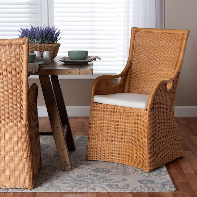 Pemberly Row Light Honey Woven Rattan Dining Chair with Cut-Out Arms