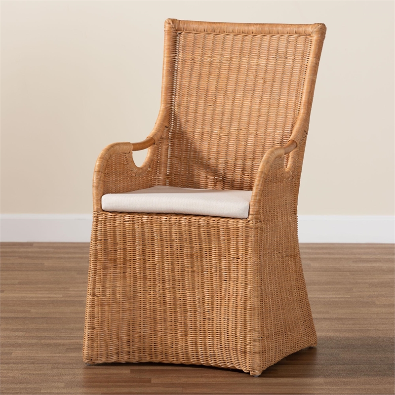 Pemberly Row Light Honey Woven Rattan Dining Chair with Cut-Out Arms