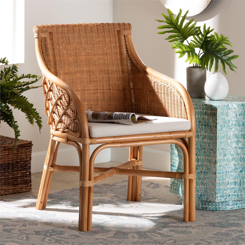 Pemberly Row Light Honey Rattan Dining Chair with Rattan Pole Detail