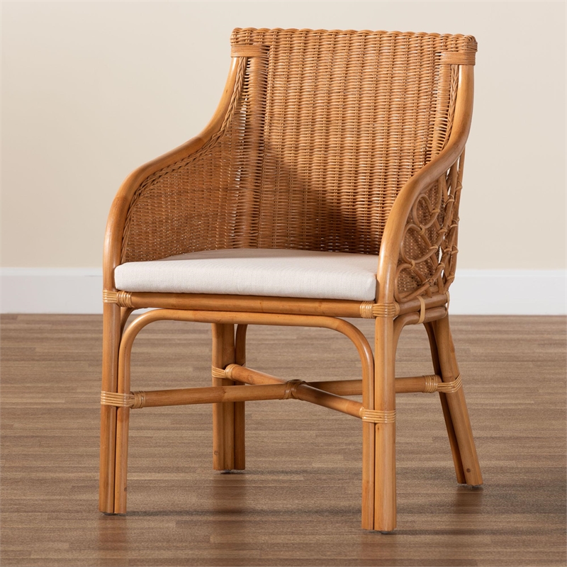Pemberly Row Light Honey Rattan Dining Chair with Rattan Pole Detail