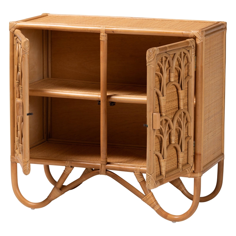Pemberly Row Light Honey Rattan 2-Shelf Storage Cabinet with Doors
