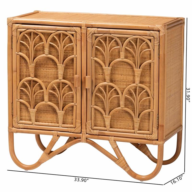 Pemberly Row Light Honey Rattan 2-Shelf Storage Cabinet with Doors