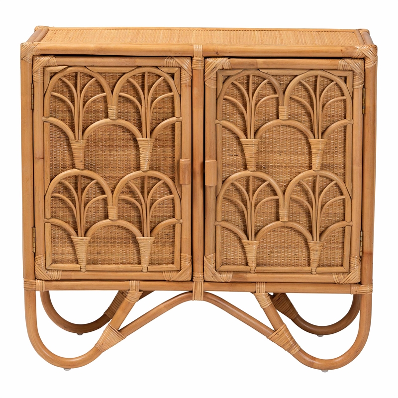 Pemberly Row Light Honey Rattan 2-Shelf Storage Cabinet with Doors