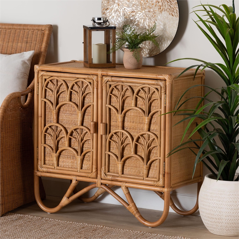 Pemberly Row Light Honey Rattan 2-Shelf Storage Cabinet with Doors
