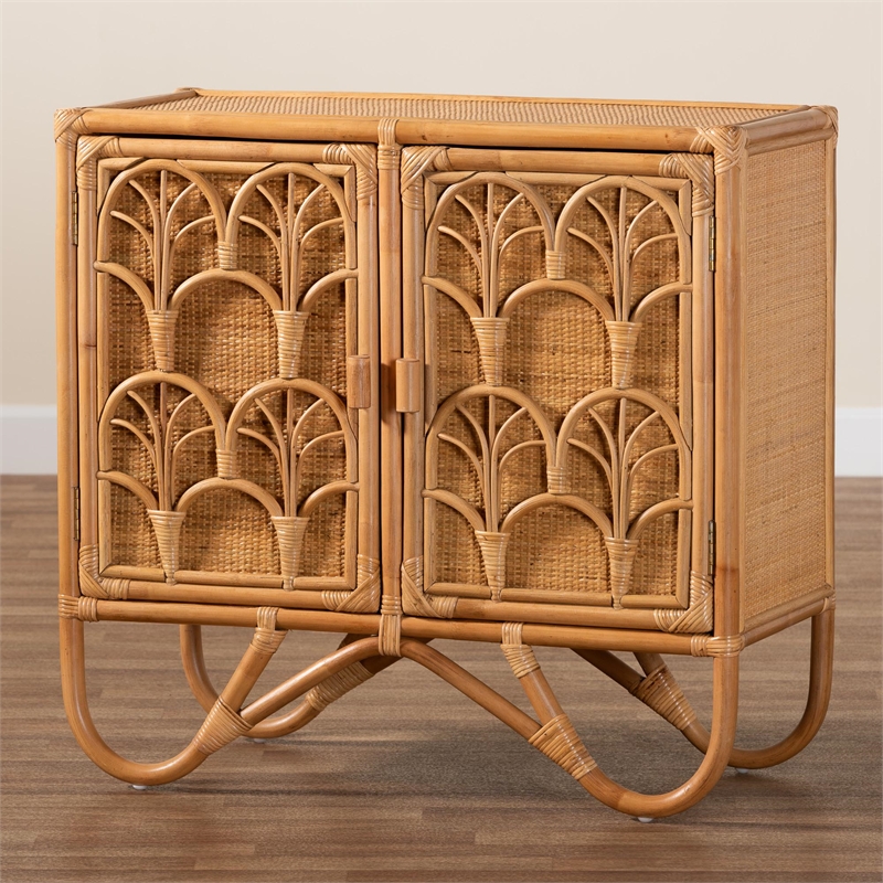 Pemberly Row Light Honey Rattan 2-Shelf Storage Cabinet with Doors