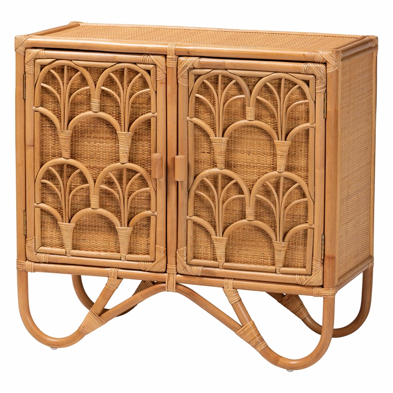Pemberly Row Light Honey Rattan 2-Shelf Storage Cabinet with Doors