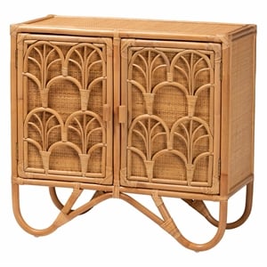 Pemberly Row Light Honey Rattan 2-Shelf Storage Cabinet with Doors