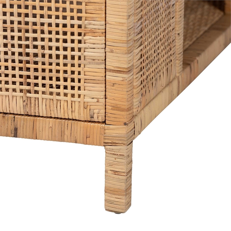 Pemberly Row Light Honey Rattan and Wood Square Coffee Table with Shelf