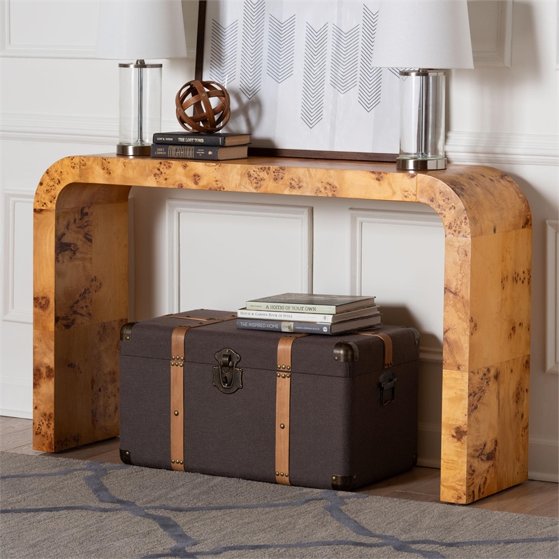 Pemberly Row Natural Mappa Burl Wood Console Table with Rectangular Top