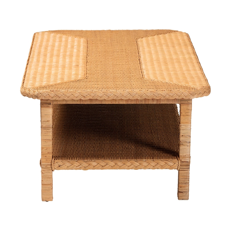 Pemberly Row Light Honey Braided Rattan Coffee Table with Open Shelf
