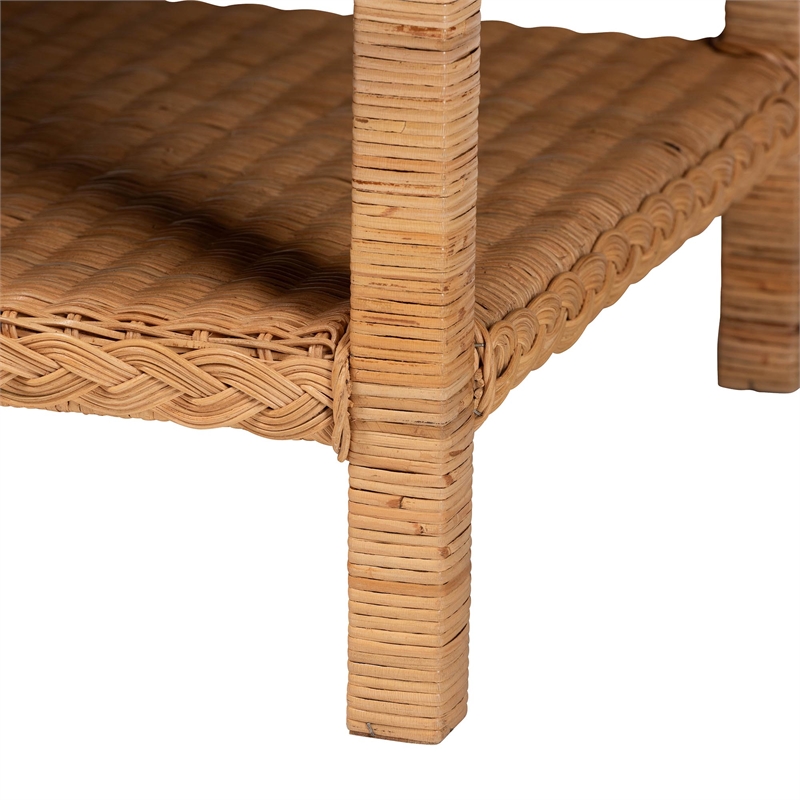 Pemberly Row Light Honey Braided Rattan Coffee Table with Open Shelf